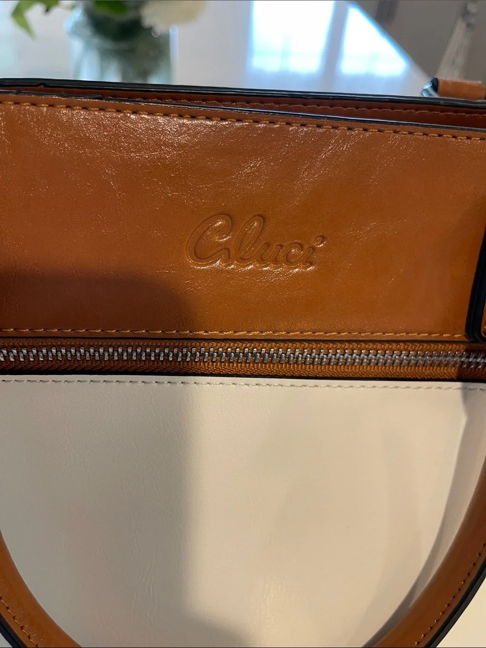 Cluci TwoTone Cream and Brown Wax Leather Briefcase Laptop Travel